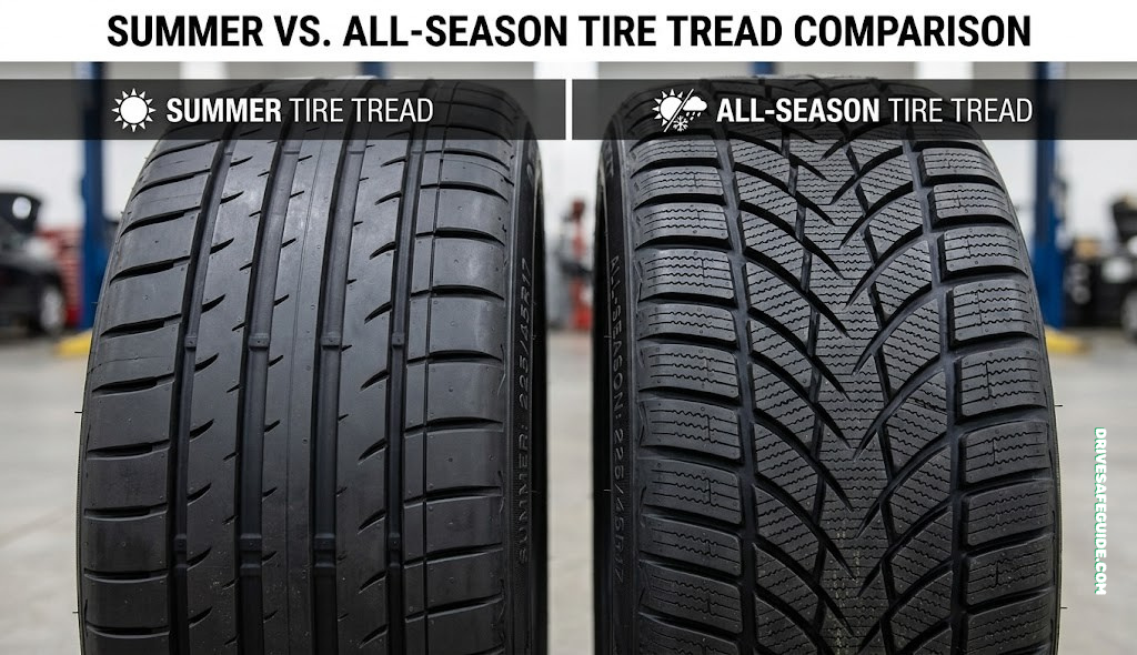 Close comparison of summer tire tread and all-season tire tread side by side