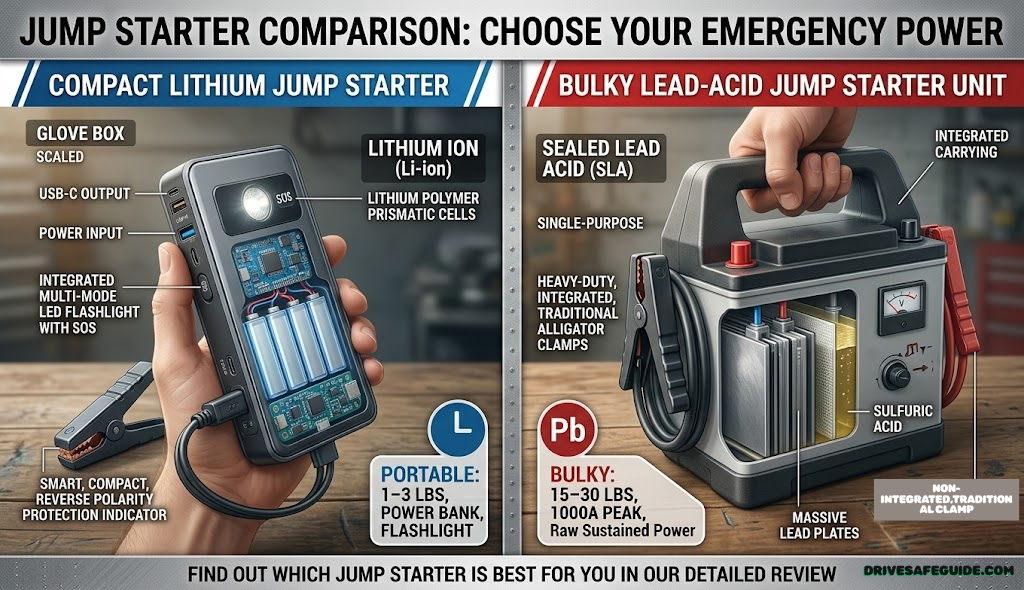 Close-up comparison of a compact lithium jump starter and a bulky lead-acid jump starter unit