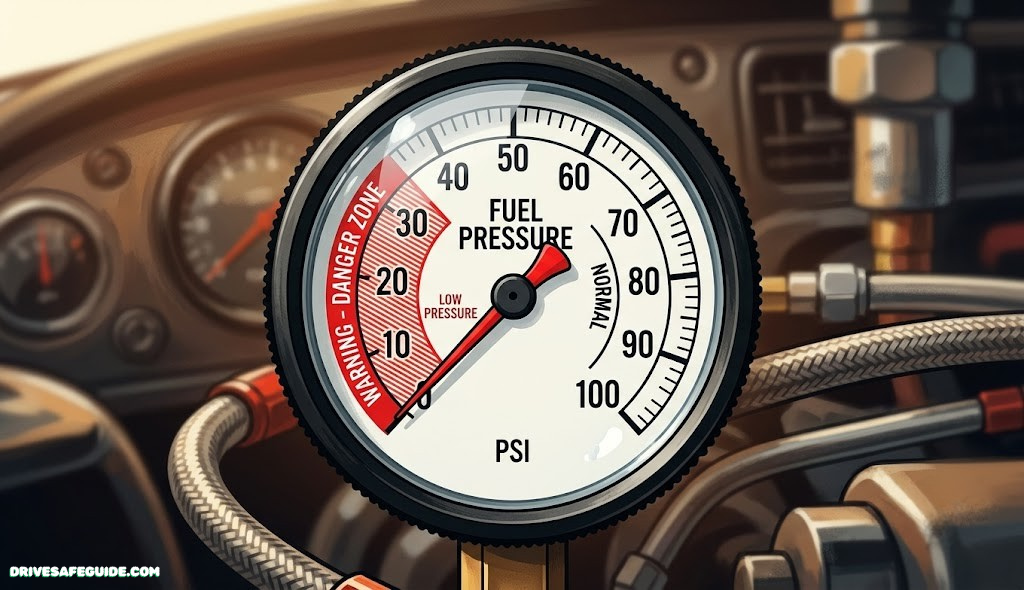 Close-up illustration of a fuel pressure gauge needle in the warning zone