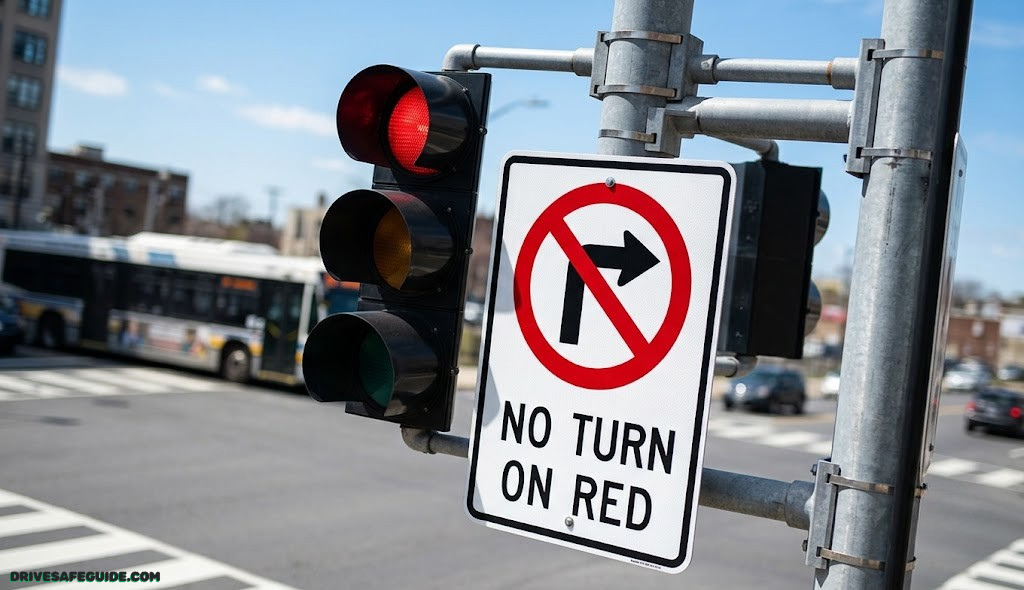 Close up of a No Turn on Red sign mounted beneath a traffic signal
