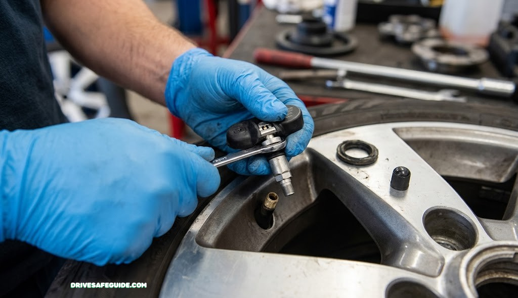 Close-up of a TPMS sensor removed from a tire valve stem during service
