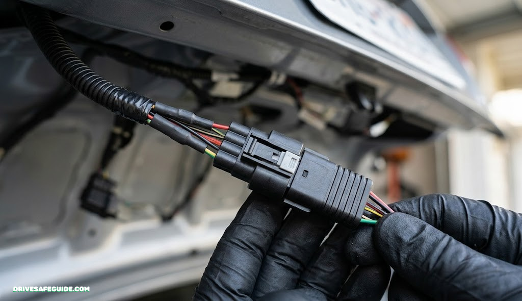 Close-up of a backup camera wiring harness and connector