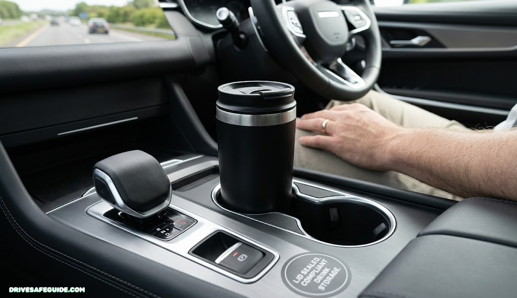 Close up of a car cupholder with a sealed drink, illustrating compliant storage of beverages while driving