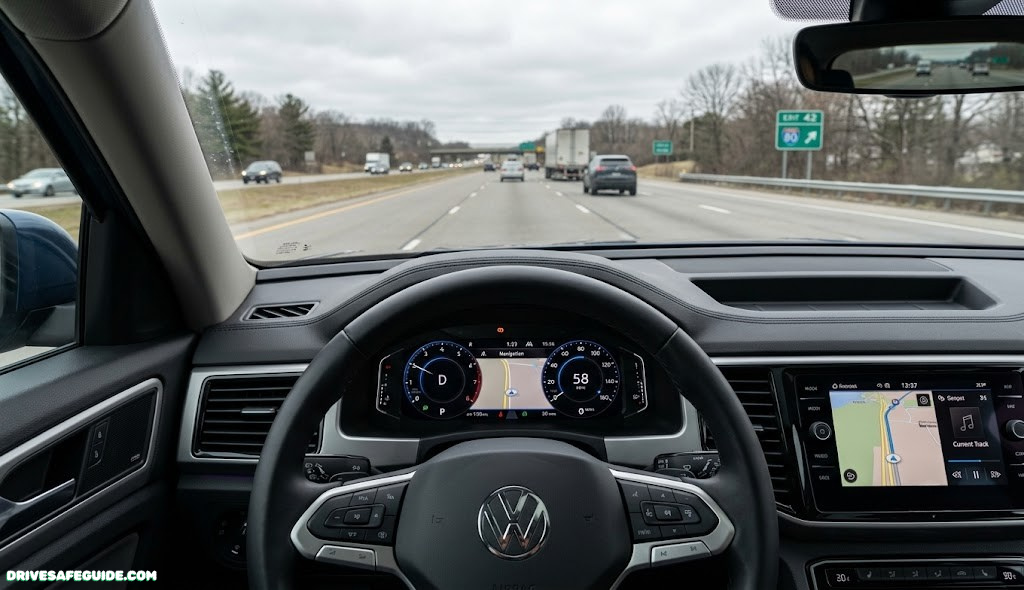 Close-up of a car dashboard and steering wheel showing the driver's typical eye-line toward the windshield