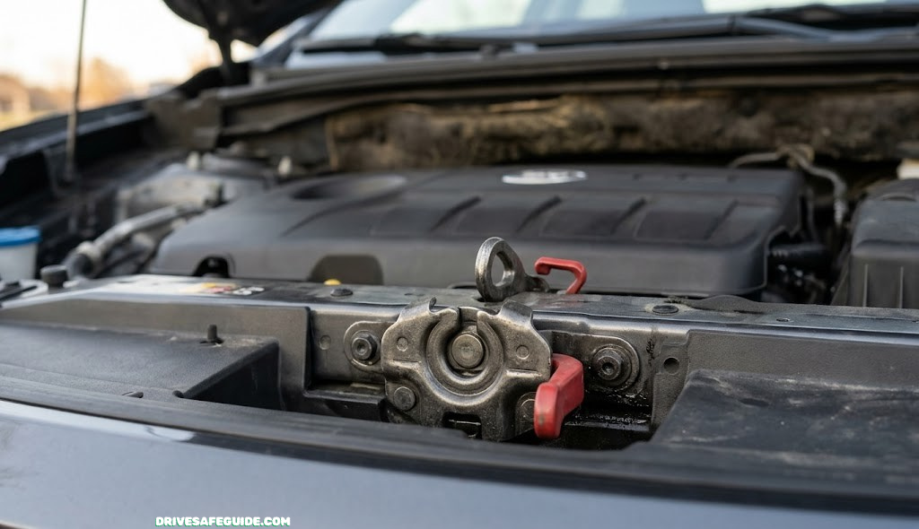 Close-up of a car hood latch and safety catch mechanism