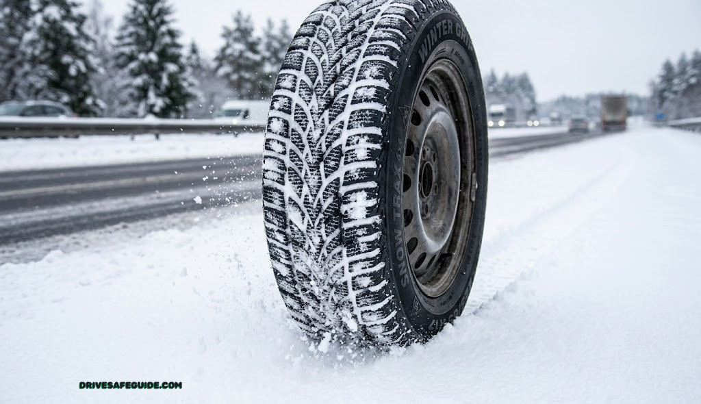 Close-up of a car tire rolling through fresh snow on a winter highway