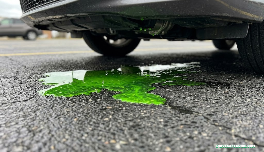 Close-up of a colored coolant puddle forming beneath a parked car, a common first sign of a leak