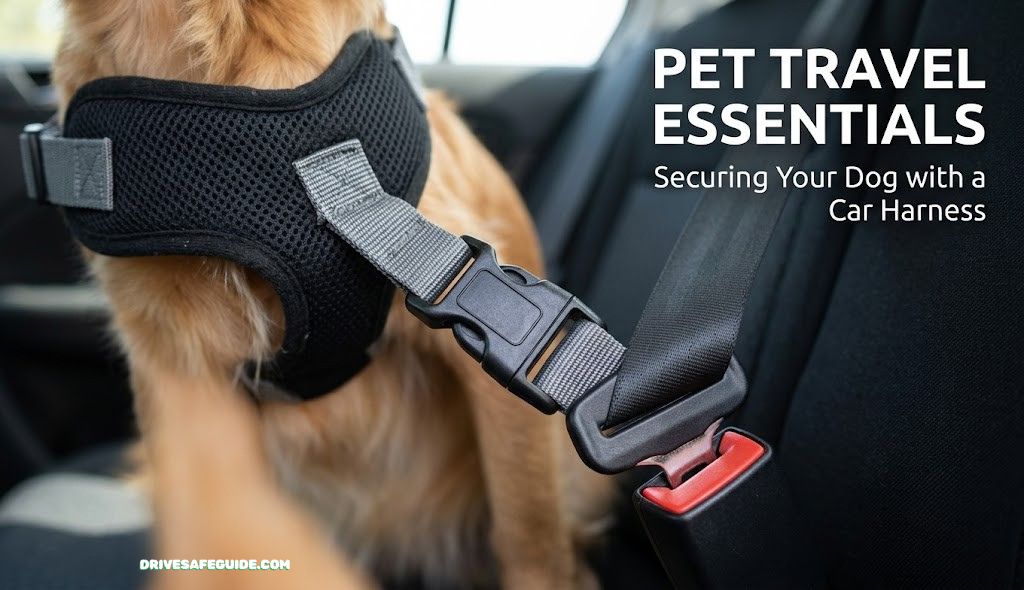 Close-up of a dog car harness buckle and seatbelt clip