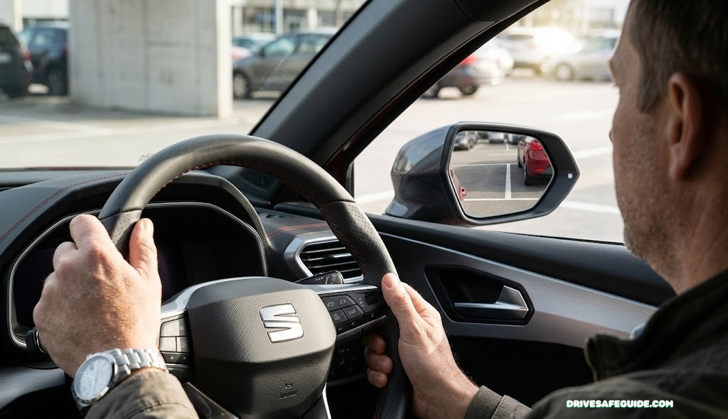 Close up of a driver's hands on the steering wheel while checking the side mirror during a parking maneuver