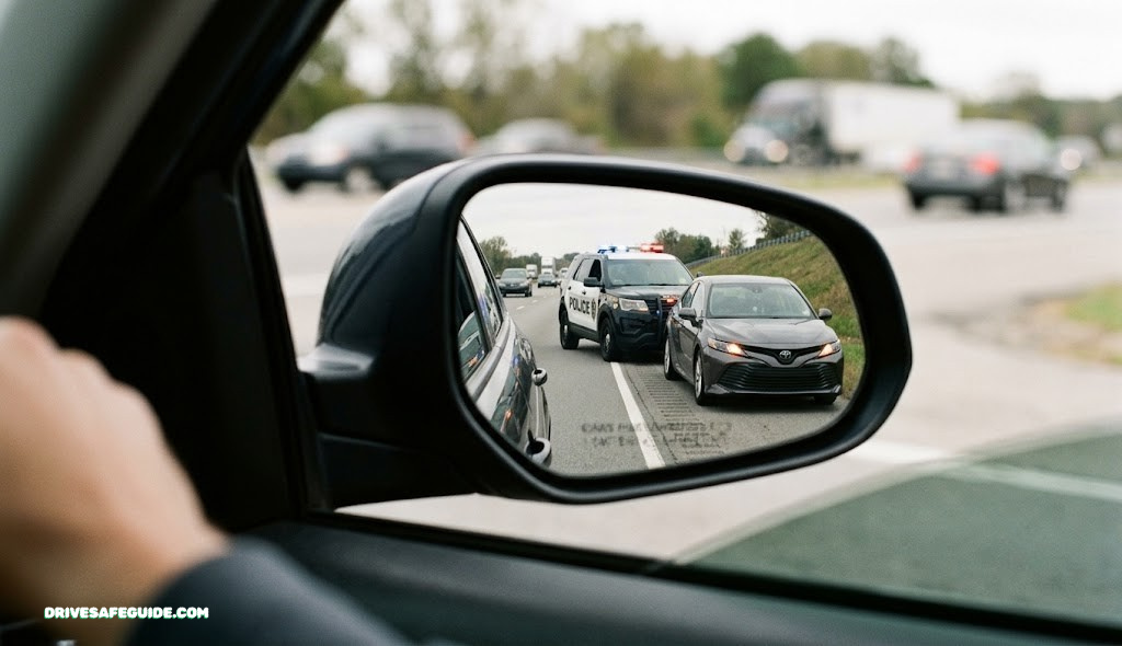 Close up of a driver's side mirror showing a police car parked behind a vehicle on the shoulder