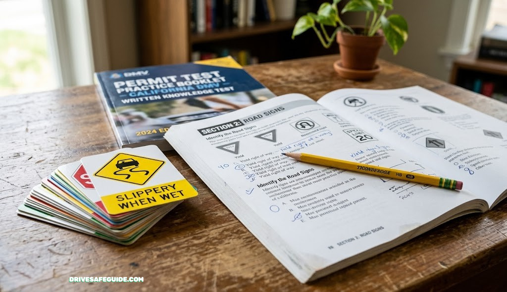 Close-up of a permit test practice booklet with a pencil and road sign flashcards