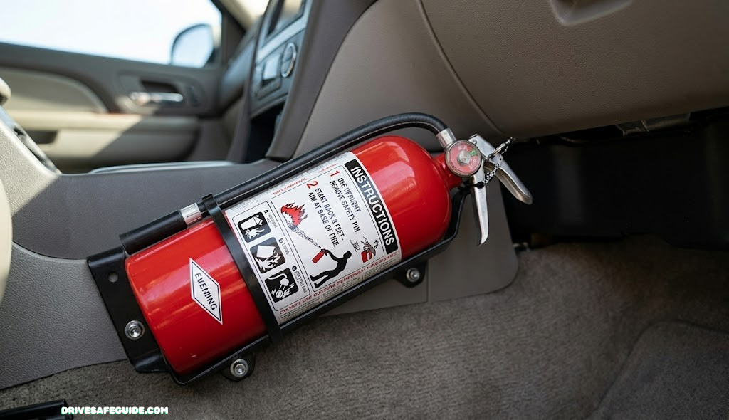 Close-up of a red dry chemical fire extinguisher mounted inside a vehicle
