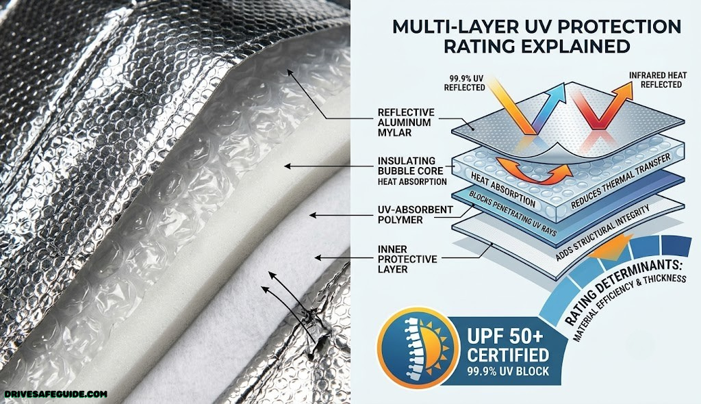 Close-up of a reflective sunshade material showing multi-layer construction that determines its UV protection rating