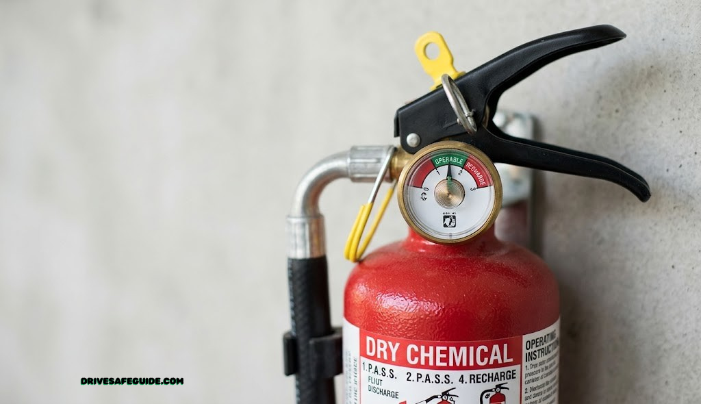 Close-up of a small dry chemical fire extinguisher with pressure gauge