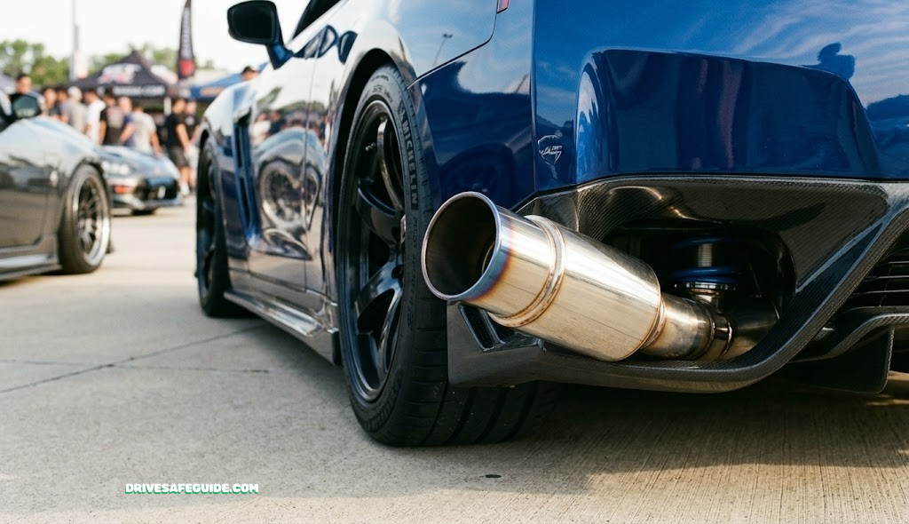 Close-up of a stainless steel aftermarket exhaust tip on a modified vehicle
