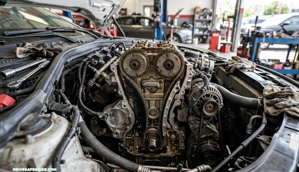 Close up of a timing chain and gears inside an open engine bay