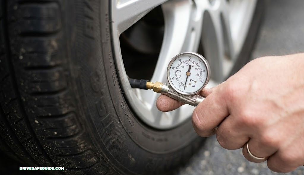 Close-up of a tire pressure gauge being used on a car tire valve stem