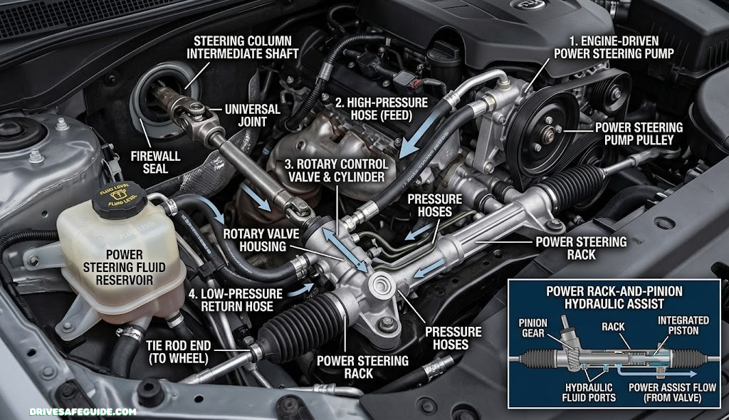 Close up of a vehicle steering column and power steering components under a car hood