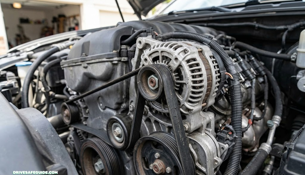 Close-up of alternator belt and pulley system in an engine bay