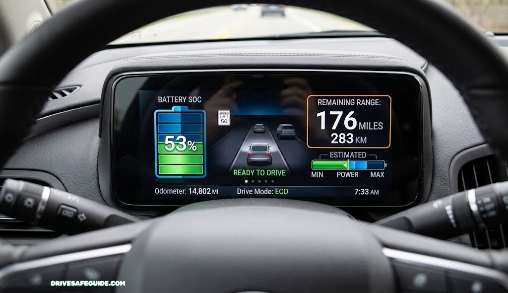 Close-up of an EV dashboard showing the remaining battery range display