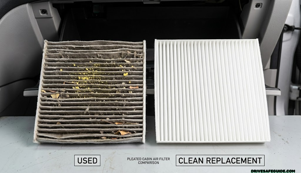 Close-up of dust and pollen buildup on a used pleated cabin air filter compared to a clean replacement filter