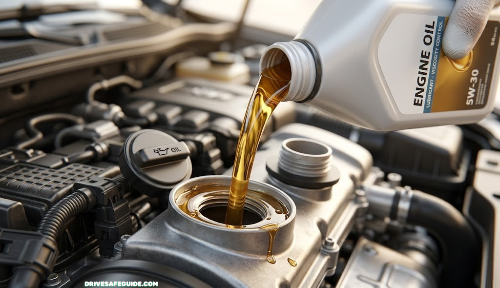 Close-up of engine oil being poured into a car engine, illustrating oil viscosity and lubrication