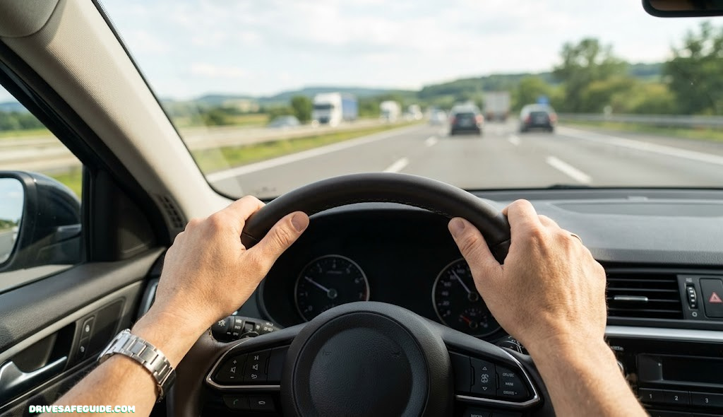 Close-up of hands gripping a car steering wheel comfortably on a highway drive