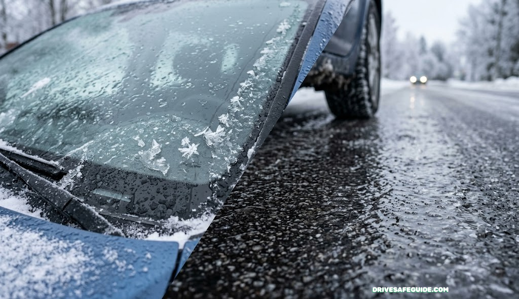 Close-up of ice glaze forming on a car windshield and road surface