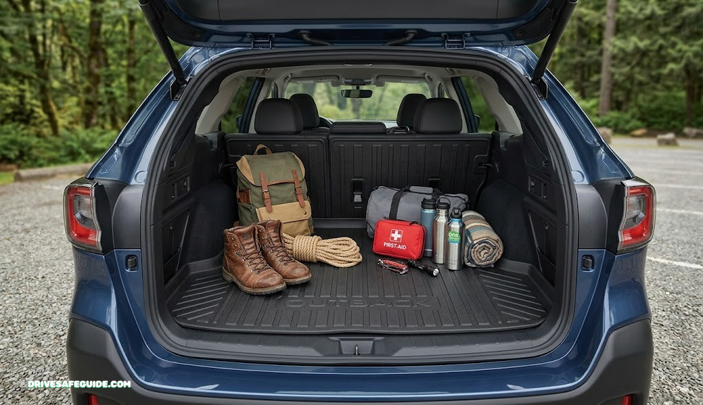 SUV trunk fitted with a rubber cargo liner holding gear and supplies