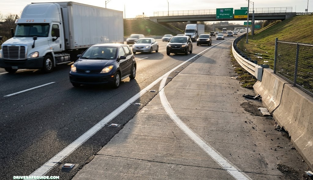 Close-up view of a highway on-ramp merge lane with traffic flowing