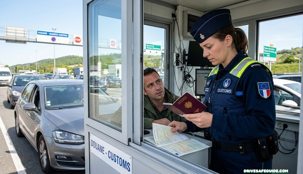 Customs officer reviewing a driver's passport and vehicle documents at a checkpoint booth
