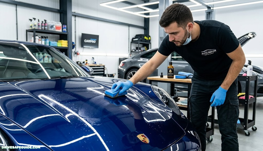 Detailer applying ceramic coating to a car hood with an applicator pad