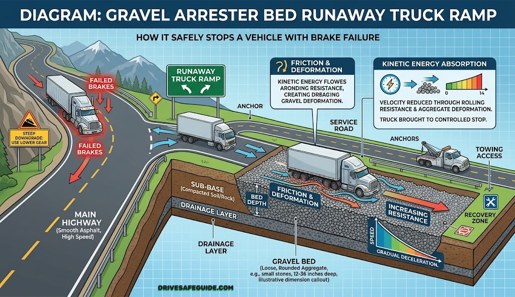 Diagram of a gravel arrester bed style runaway truck ramp