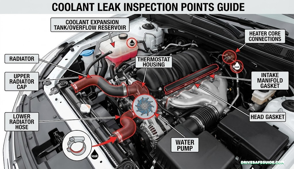 Diagram-style photo highlighting common coolant leak inspection points in an engine bay