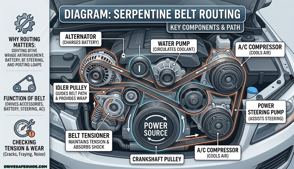 Diagram style photo showing serpentine belt routing across alternator, power steering, and AC compressor pulleys