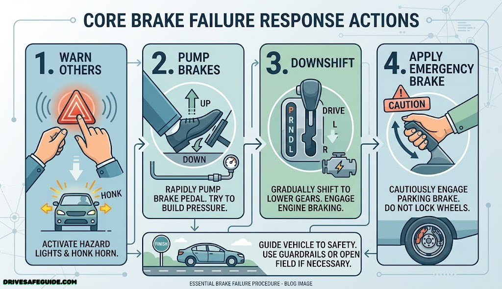 Diagram summarizing the four core brake failure response actions