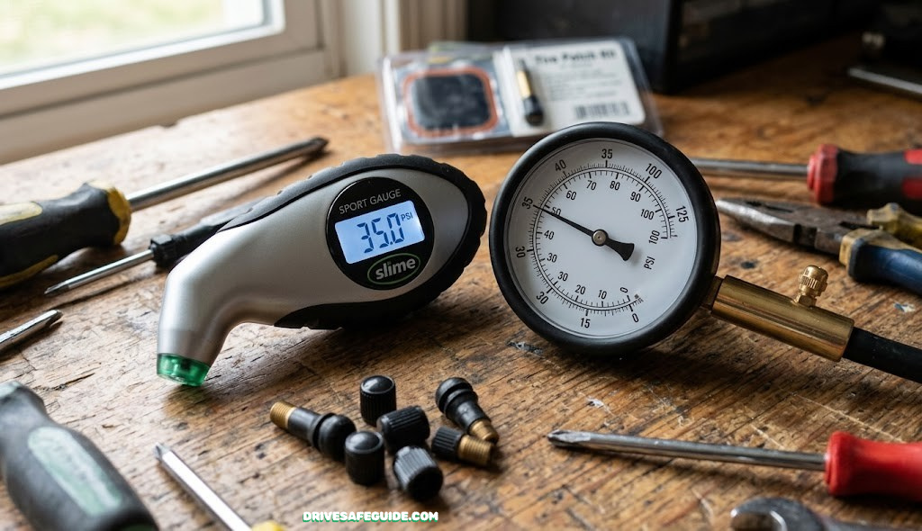 Digital tire gauge and analog dial tire gauge placed side by side on a workbench
