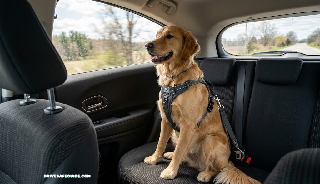 Dog wearing a safety harness sitting in the back seat of a car