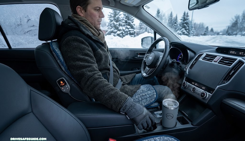 Driver adjusting a heated seat cushion in a cold car during winter