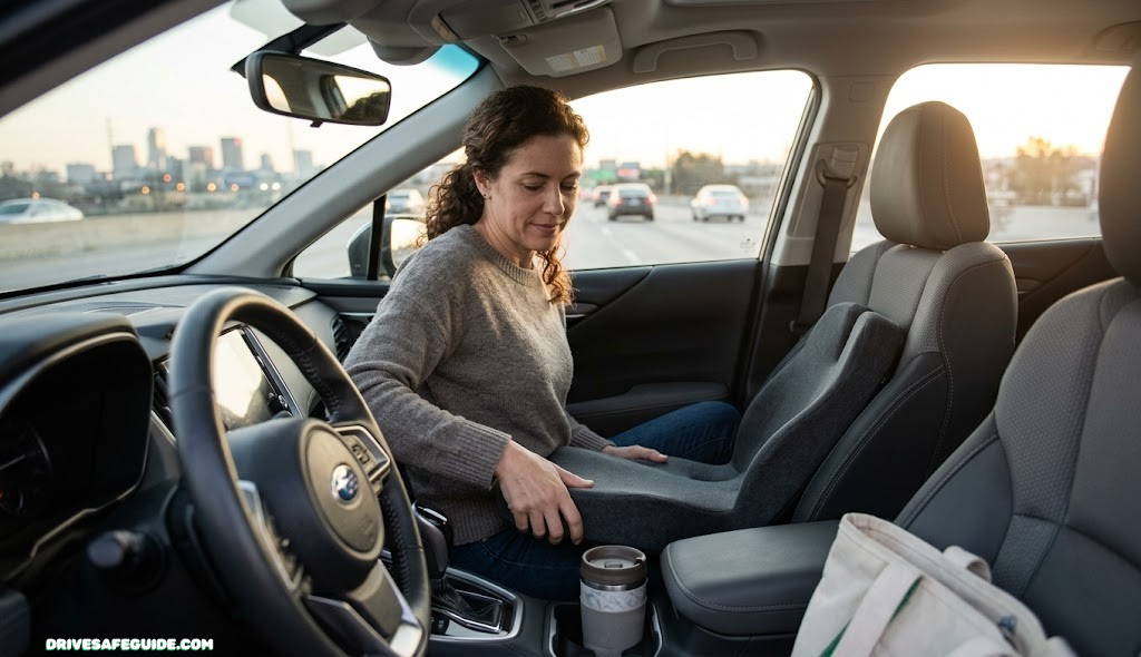 Driver adjusting an ergonomic seat cushion before a long commute