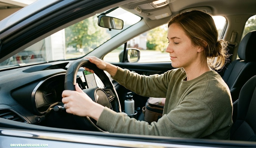 Driver adjusting an ergonomic steering wheel cover before a long road trip