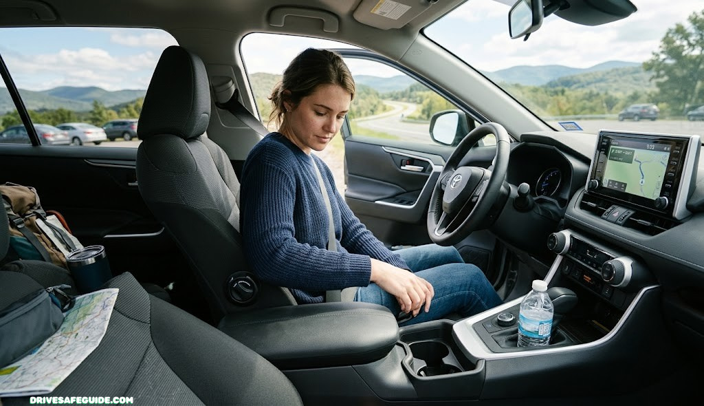 Driver adjusting seat and lumbar support before a long drive