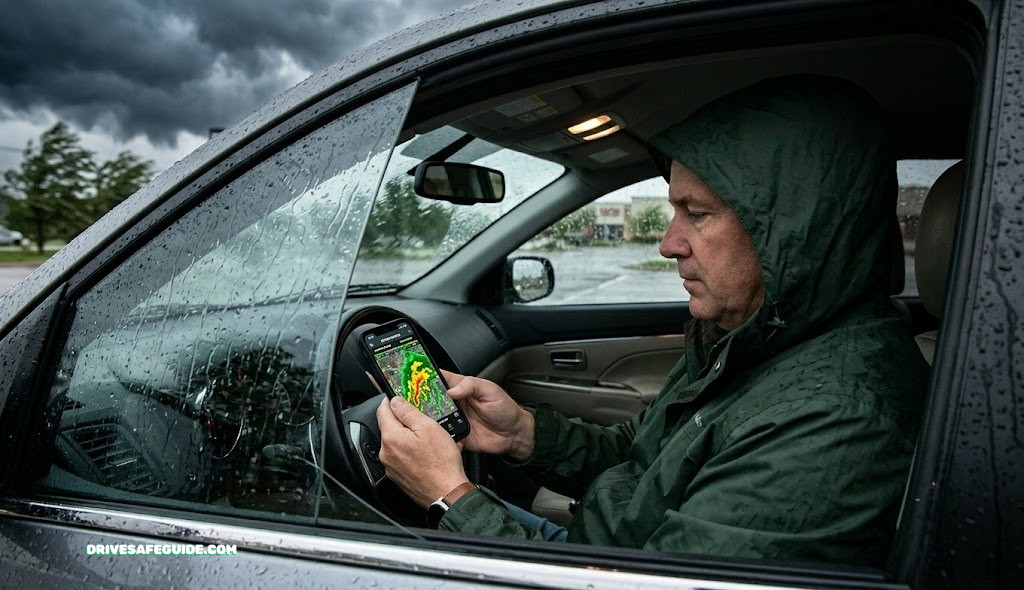 Driver checking a weather radar app while parked during a storm watch