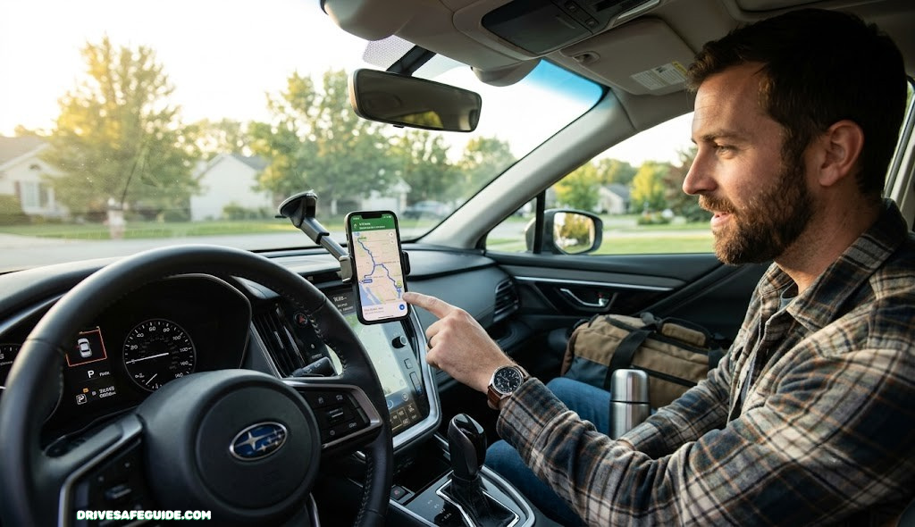 Driver checking map and route on a dashboard mount before starting a cross country drive