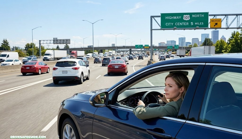 Driver confidently merging onto a busy highway during daytime traffic