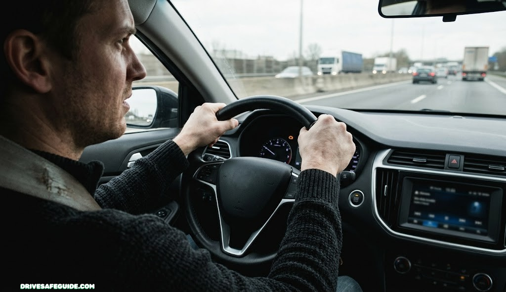 Driver gripping steering wheel firmly while dealing with a power steering issue on the road