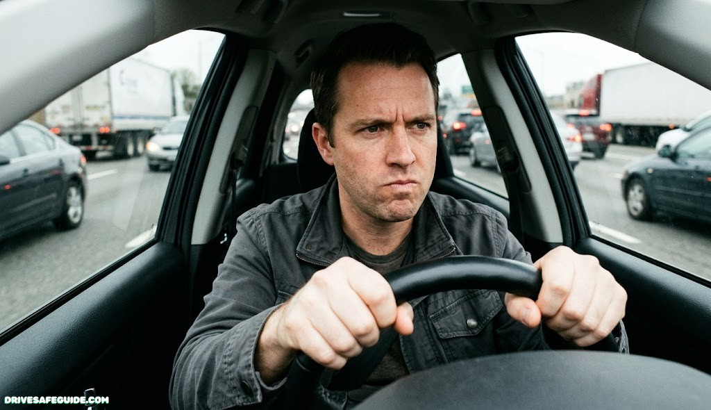 Driver gripping steering wheel with tense expression on a busy highway