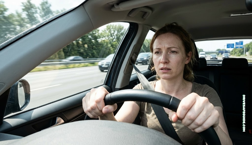 Driver gripping the steering wheel while looking slightly pale, illustrating motion sickness as a driver on a highway