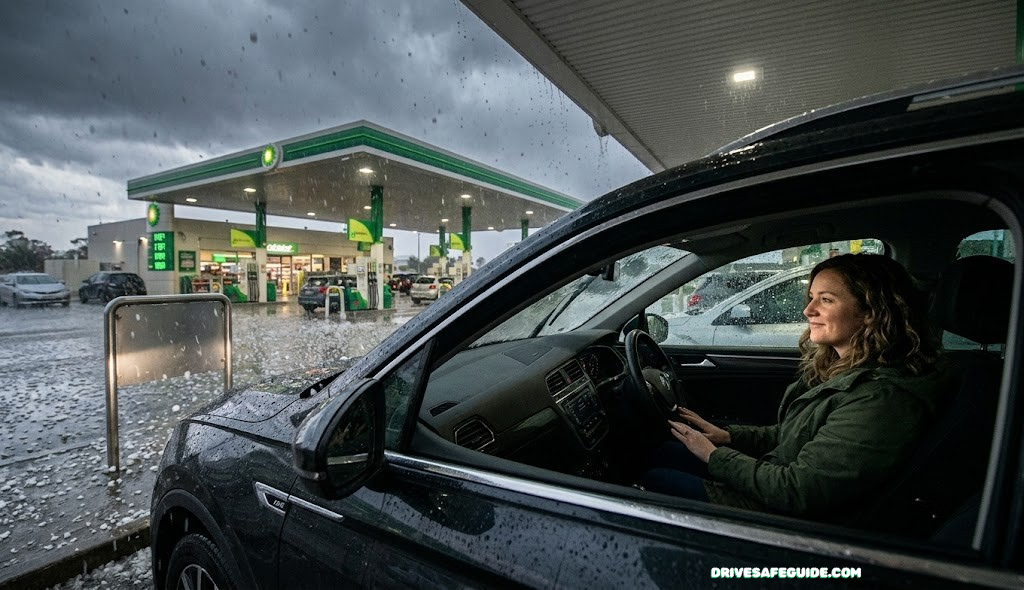 Driver pulled safely under a gas station canopy while hail falls outside