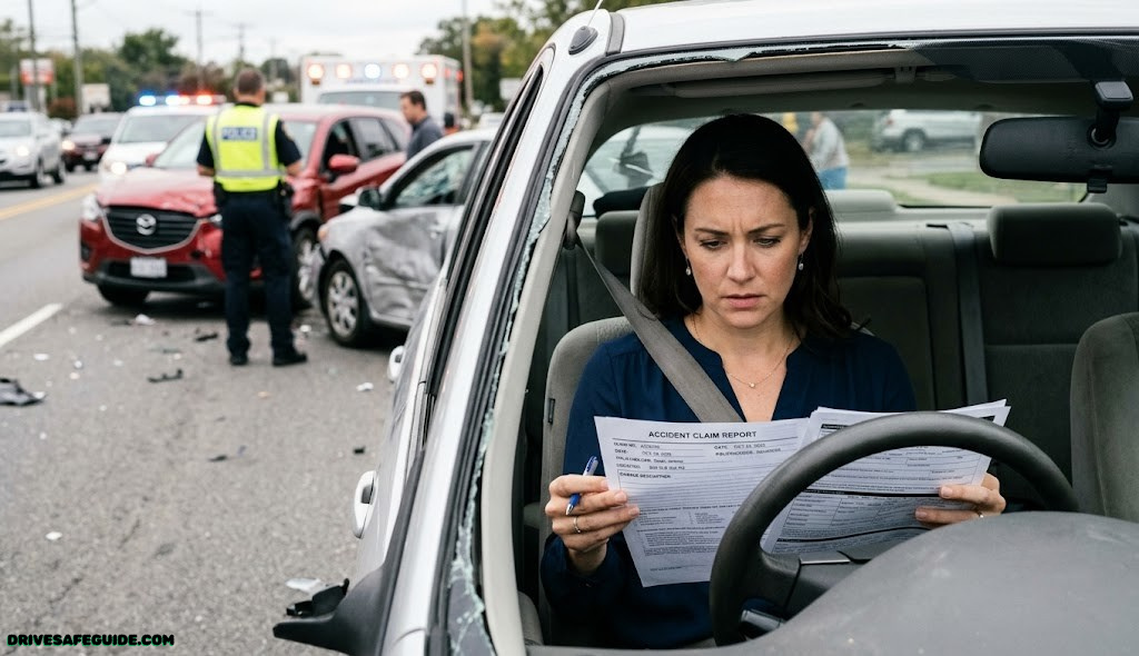 Driver reviewing insurance paperwork after a collision